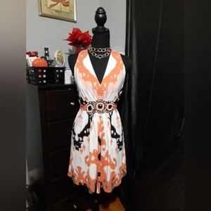 Eci Women's Bokd Colors Sleeveless Dress Beaded Broach Attached Tie Belt Size M